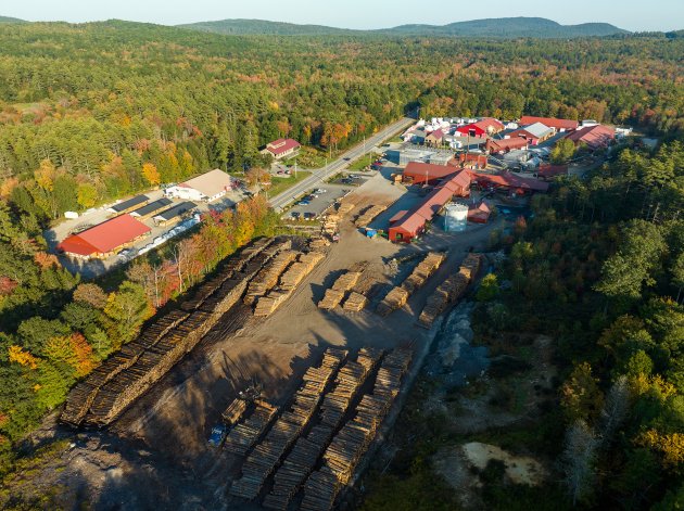 Aerial of Hancock Lumber's Casco sawmill, home office, and retail/lumberyard.